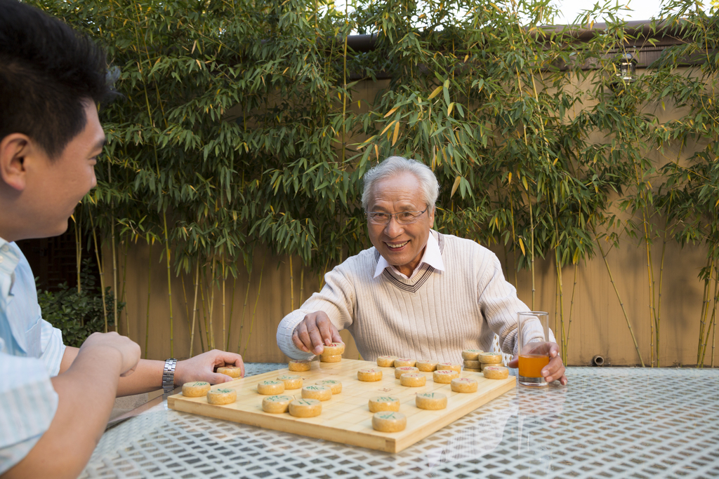 父子在院子里下棋图片