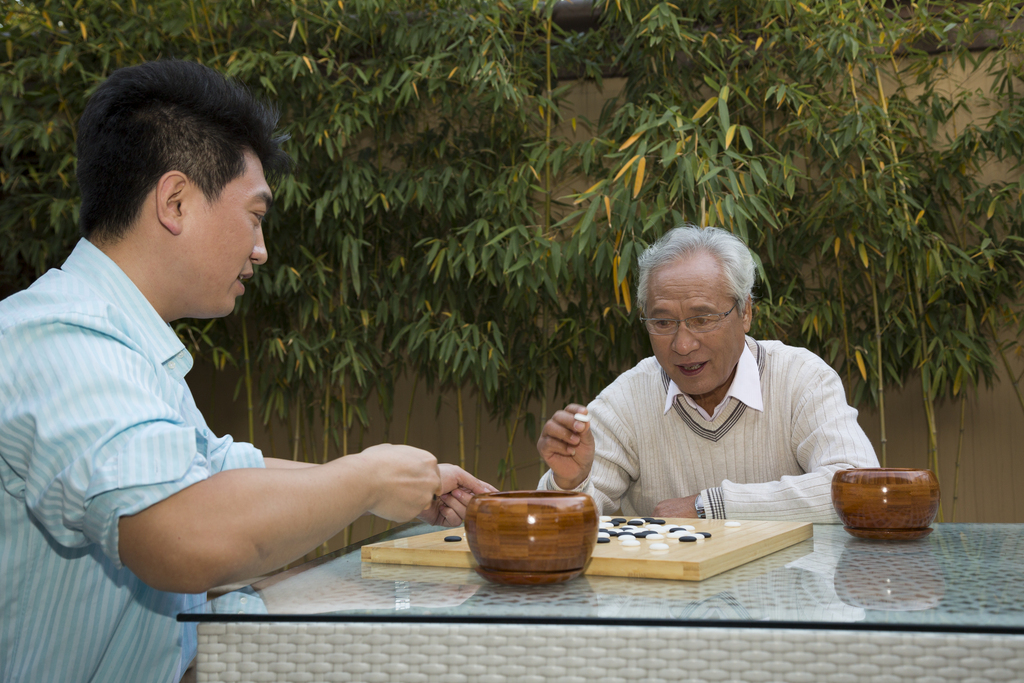 父子在院子里下棋