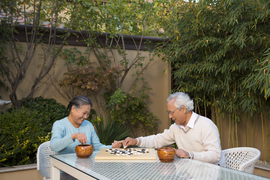 老年夫妻在院子里下棋图片