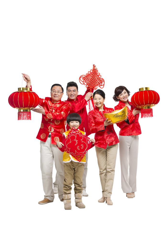 棚拍中国新年快乐的唐装家庭图片