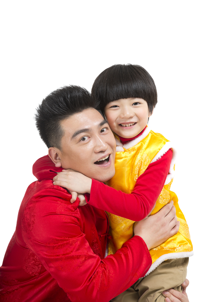 棚拍中国新年快乐的唐装父子图片