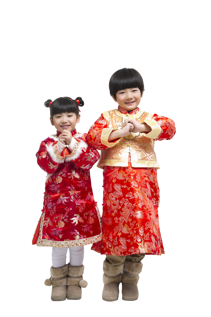 棚拍中国新年快乐的唐装儿童图片