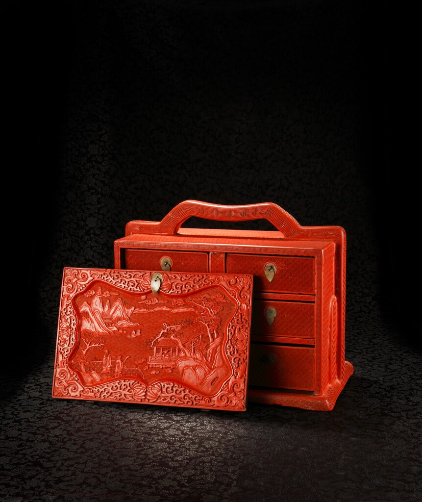 红漆山水文具盒