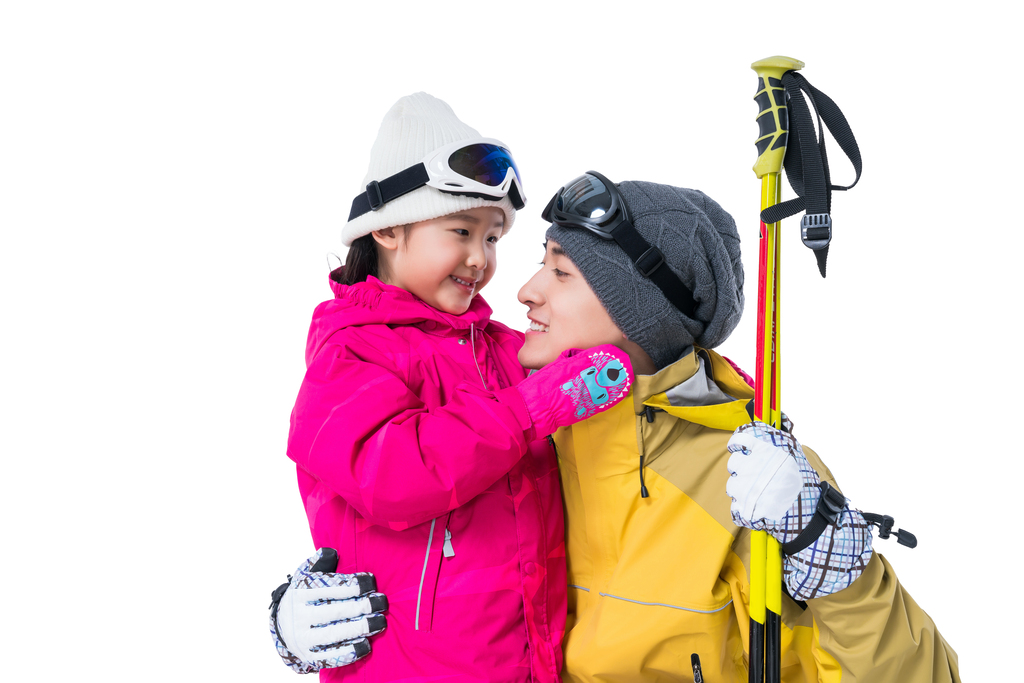 年轻爸爸和女儿滑雪图片