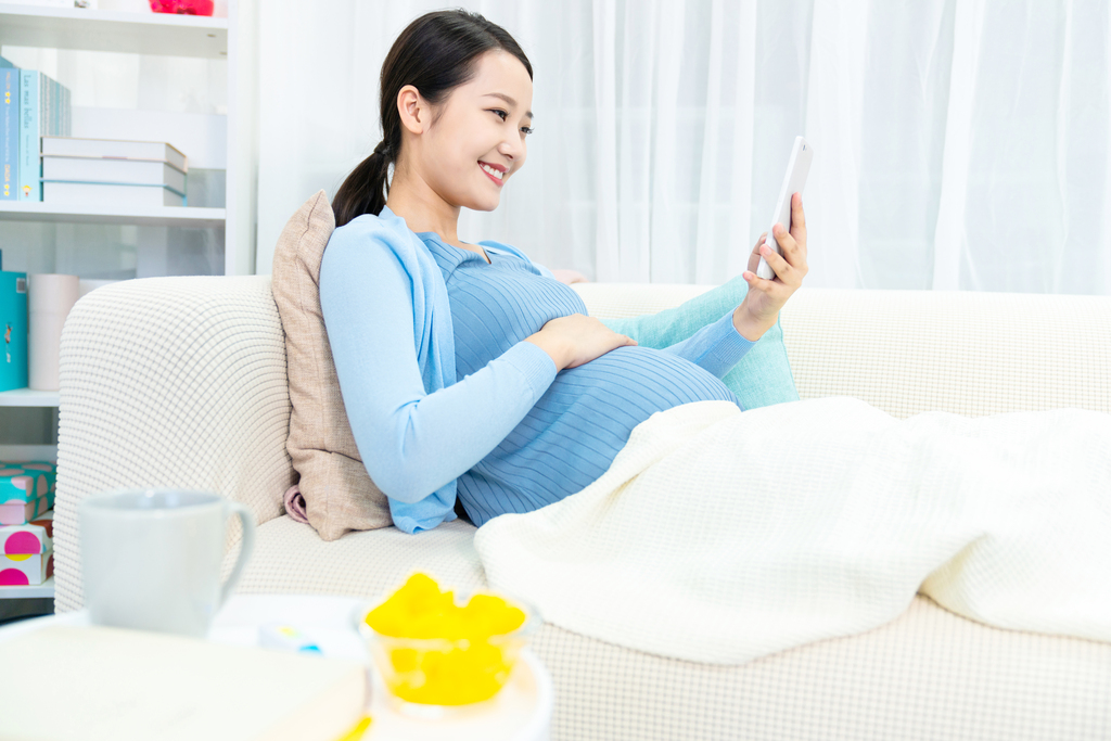 年轻孕妇在沙发上使用手机图片