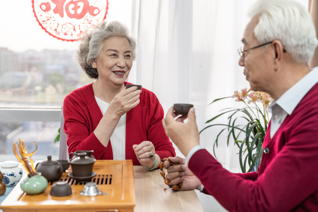 快乐的老年夫妇喝茶