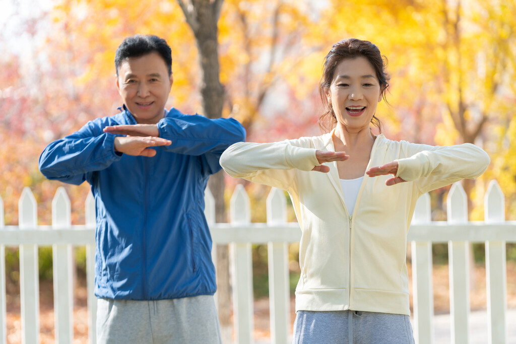 老年夫妇在公园里运动健身