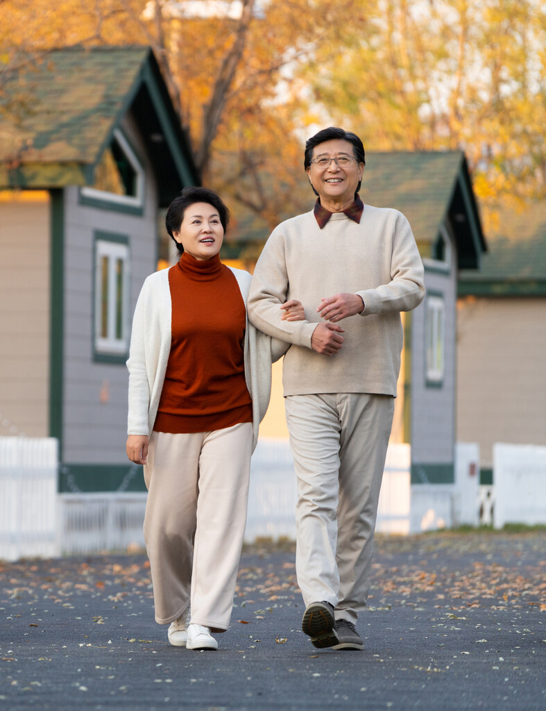 中老年夫妻手挽手夕阳下散步